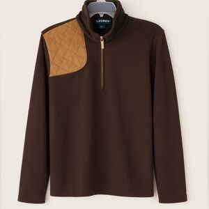 Lauren Ralph Lauren Brown Fleece 1/4 Zip Pullover Tan Quilted Shoulder Patch M